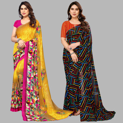 kashvi sarees Self Design, Printed Daily Wear Georgette Saree(Pack of 2, Yellow, Pink, Multicolor)