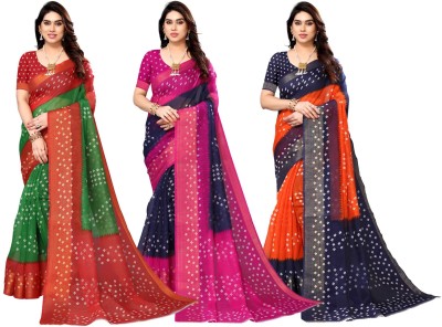 Bandhanivilla Printed Bandhani Cotton Blend Saree(Pack of 3, Green, Dark Blue, Orange)