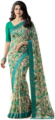 SUPUJIT Printed, Digital Print, Floral Print Bollywood Georgette Saree(Light Blue)