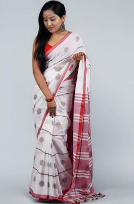 PARTHA BISWAS Woven Handloom Cotton Blend Saree(White)