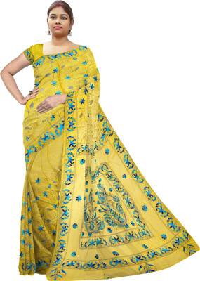 SHRISTI CLOTHINGS Embroidered Kantha Tussar Silk Saree(Yellow)