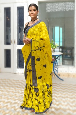 NIKHILAM Blocked Printed, Checkered, Printed, Dyed, Floral Print, Self Design, Digital Print Daily Wear Pure Cotton Saree(Yellow, Black)