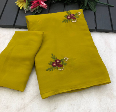 SILKORA Embroidered Bollywood Georgette Saree(Mustard)