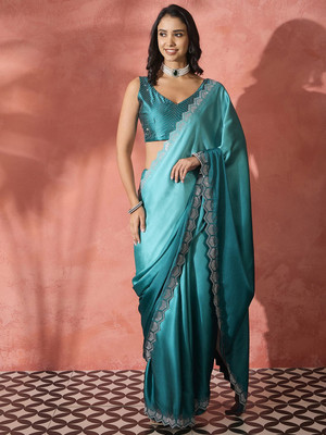 Sangria Embellished Daily Wear Satin Saree(Blue)