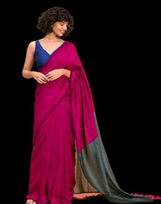 BRYNBRIT Solid/Plain Handloom Cotton Blend Saree(Multicolor)
