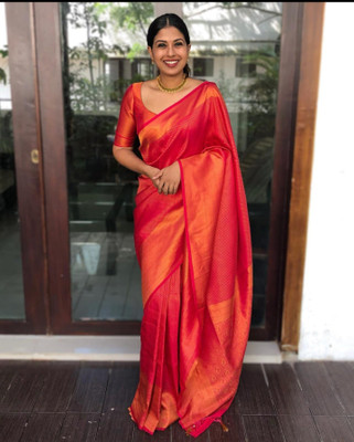 SHWENILA Woven Kanjivaram Pure Silk Saree(Red)