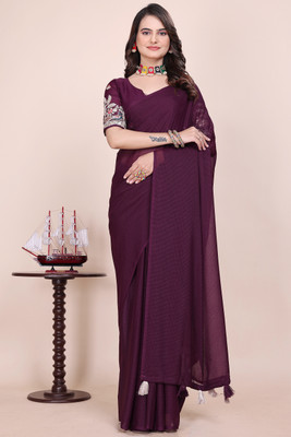 niesha fashion Embroidered, Solid/Plain Bollywood Chiffon Saree(Purple)