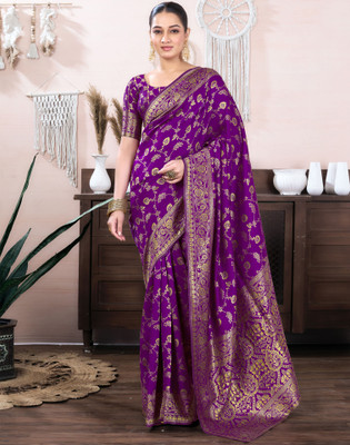 Samah Woven, Embellished Banarasi Silk Blend, Jacquard Saree(Purple)