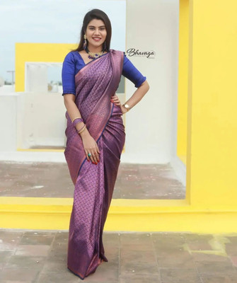 LITIRTHFAB Embellished, Woven Kanjivaram Jacquard, Pure Silk Saree(Blue)