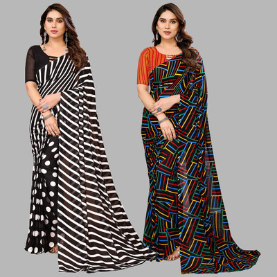 kashvi sarees Self Design, Printed Daily Wear Georgette Saree(Pack of 2, Black, White, Multicolor)