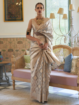 Sareemall Woven Banarasi Tissue Saree(Cream)