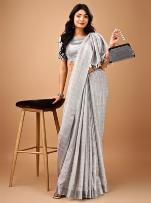 HAANIBA Checkered Daily Wear Handloom Linen Saree(Grey)