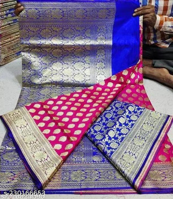 Dulhan Collection Woven Banarasi Silk Blend Saree(Blue)