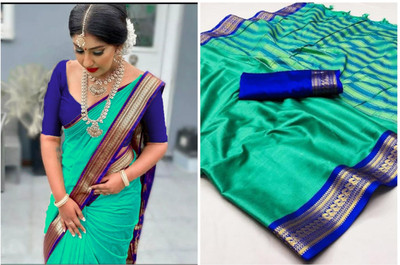 FashionZonee Embellished Banarasi Cotton Silk Saree(Blue)