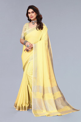 BFM Woven, Self Design Bollywood Linen Saree(Yellow)