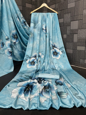 Pemal Designer Floral Print, Printed Bollywood Crepe Saree(Light Blue)
