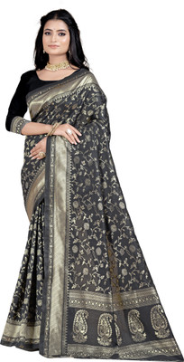 DHAYNAAND REEWA FASHION Floral Print, Woven Kalamkari Jacquard Saree(Black)