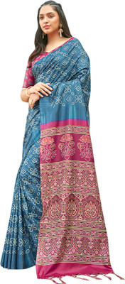 Akhilam Digital Print Bandhani Silk Blend Saree(Blue)