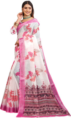 HouseOfCommon Printed Kanjivaram Pure Cotton, Cotton Linen Saree(Pink, White)