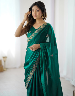 Satrani Embellished, Embroidered Bollywood Jimmy choo, Tissue Saree(Green)