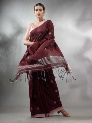 Puspa Fashion Woven Handloom Cotton Blend Saree(Maroon)