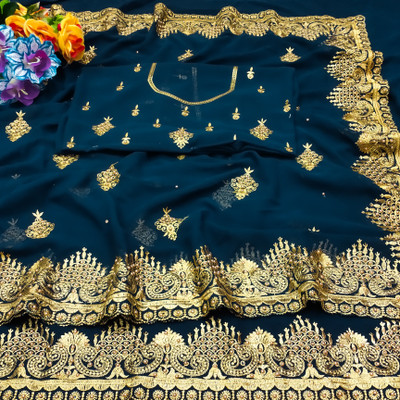 KHRITI FAB Embroidered Bollywood Georgette Saree(Dark Green)