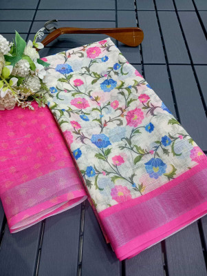 HouseOfCommon Printed Kanjivaram Linen, Cotton Linen Saree(Pink, White)