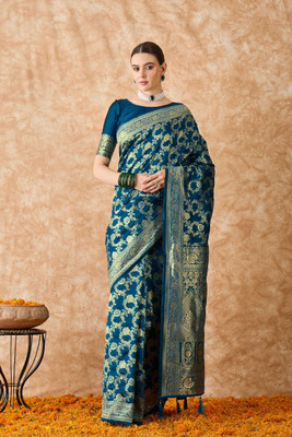 manvaa Embellished Bollywood Silk Blend Saree(Dark Blue)