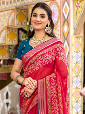 Sareemall Printed Bandhani Chiffon Saree(Red)