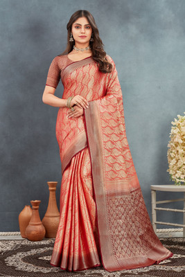 PremVastra Woven Banarasi Silk Blend Saree(Pink, Maroon)