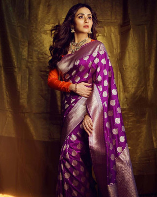 The Style Sanctuary Woven, Self Design Banarasi Silk Blend Saree(Purple)
