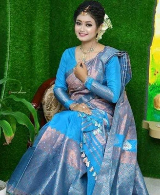 Sheden Lopez Creation Woven Mekhela Chador Silk Blend Saree(Light Blue)