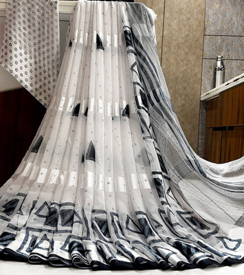 Bombey Velvat Fab Printed Arani Pattu Chiffon, Georgette Saree(White)