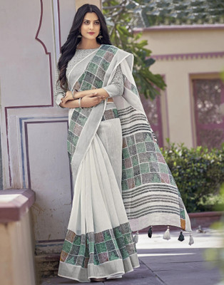 HIYAMI Printed Kanjivaram Cotton Linen Saree(White)
