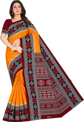 ARTFULTHREADS Printed Sambalpuri Pure Cotton Saree(Yellow)