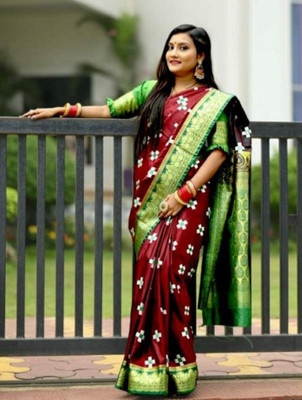 Ansari Fabrics Printed Sambalpuri Satin Saree(Maroon, Green)