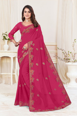 VRUGAM Embroidered Daily Wear Georgette Saree(Pink)