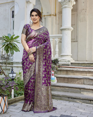 YASHIKA Self Design Kanjivaram Silk Blend Saree(Purple)