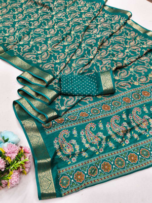 TALADARA Paisley, Floral Print, Printed, Woven Bollywood Cotton Silk Saree(Green)