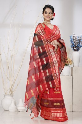 PuJoy Embellished, Self Design, Woven Tant Pure Cotton Saree(Red)