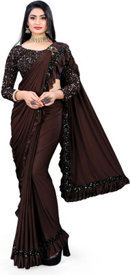 Prosaler Solid/Plain Bollywood Lycra Blend Saree(Brown)