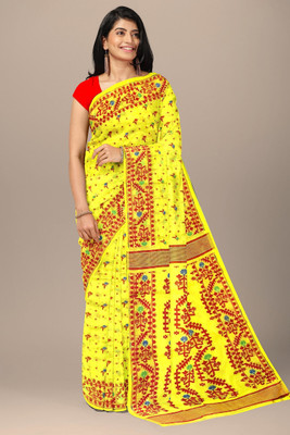 cloud vastra Printed Jamdani Cotton Blend Saree(Multicolor)