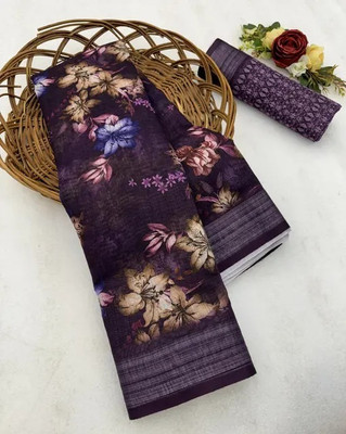 VCREATION Digital Print Bollywood Linen Saree(Brown)