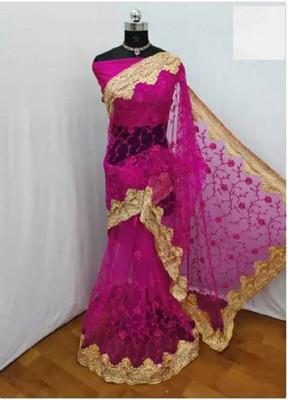 ZIVANTIX Embroidered Bollywood Net Saree(Pink)