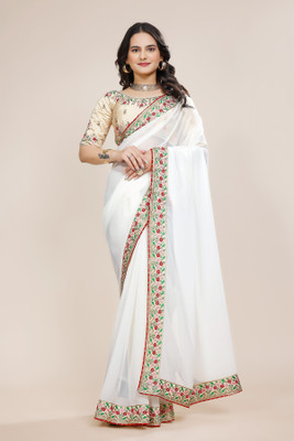 DRIZOMIZ Embroidered Bollywood Georgette Saree(White)