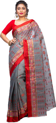 PuJoy Self Design, Woven Tant Pure Cotton Saree(Grey)