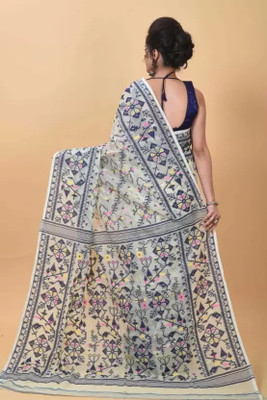 M STORE Self Design Jamdani Cotton Silk Saree(Cream)