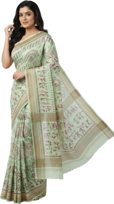hetu Printed, Geometric Print, Temple Border Bhagalpuri Cotton Blend Saree(Green)