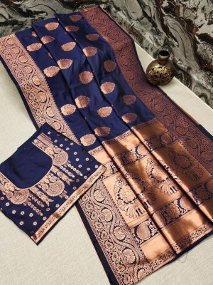 Torofy Woven, Dyed, Solid/Plain Kanjivaram Silk Blend, Jacquard Saree(Dark Blue)