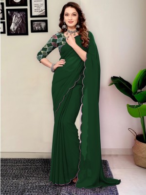 Ashiya Fab Printed Bollywood Georgette, Silk Blend Saree(Green)